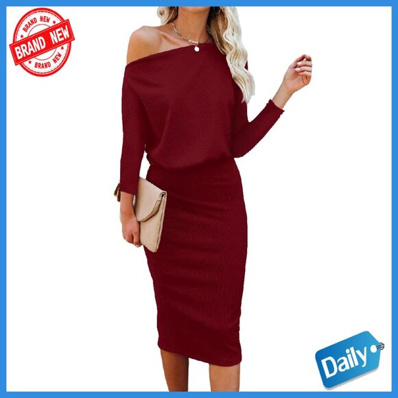 Off Shoulder Batwing Sleeve Pencil Midi Dress Stretchy Ribbed Knit